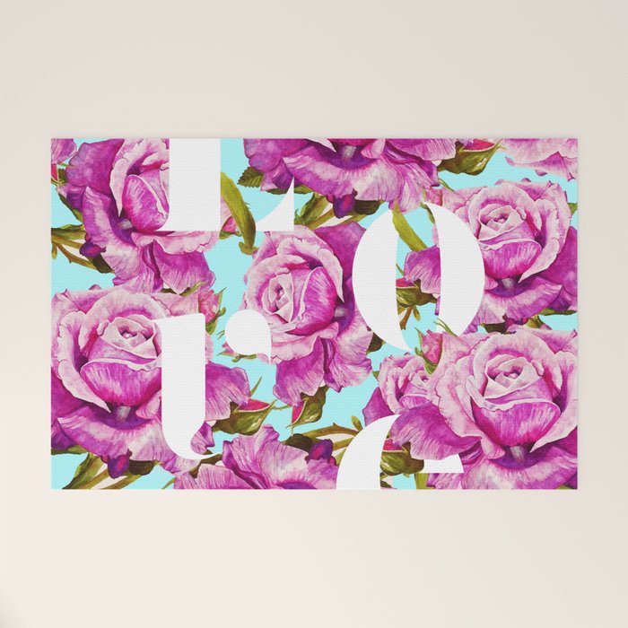 Love, Floral Typography Valentine's Graphic Design, Eclectic Modern Boho Botanical Rose Illustration Welcome Mat Gallery Image 1