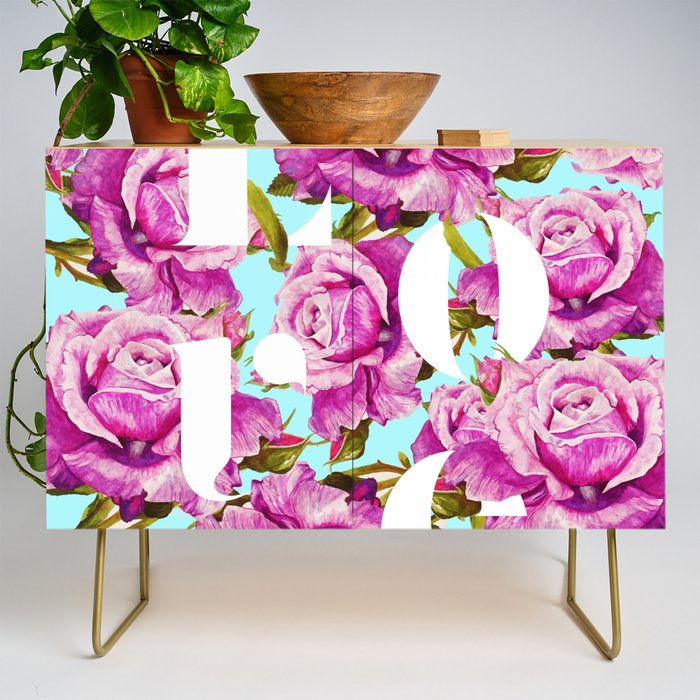 Love, Floral Typography Valentine's Graphic Design, Eclectic Modern Boho Botanical Rose Illustration Credenza Gallery Image 1