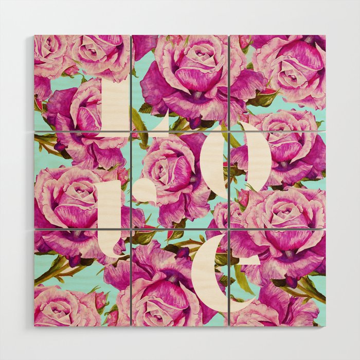 Love, Floral Typography Valentine's Graphic Design, Eclectic Modern Boho Botanical Rose Illustration Wood Wall Art Gallery Image 1