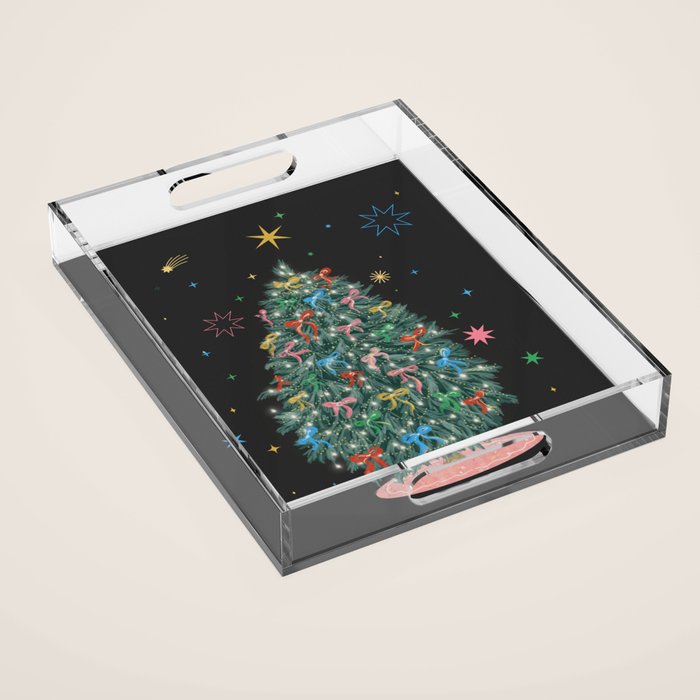 Colorful Christmas Tree with Bows and Stars on Black Background Acrylic Tray Gallery Image 1