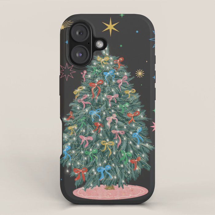 Colorful Christmas Tree with Bows and Stars on Black Background iPhone Case Gallery Image 1