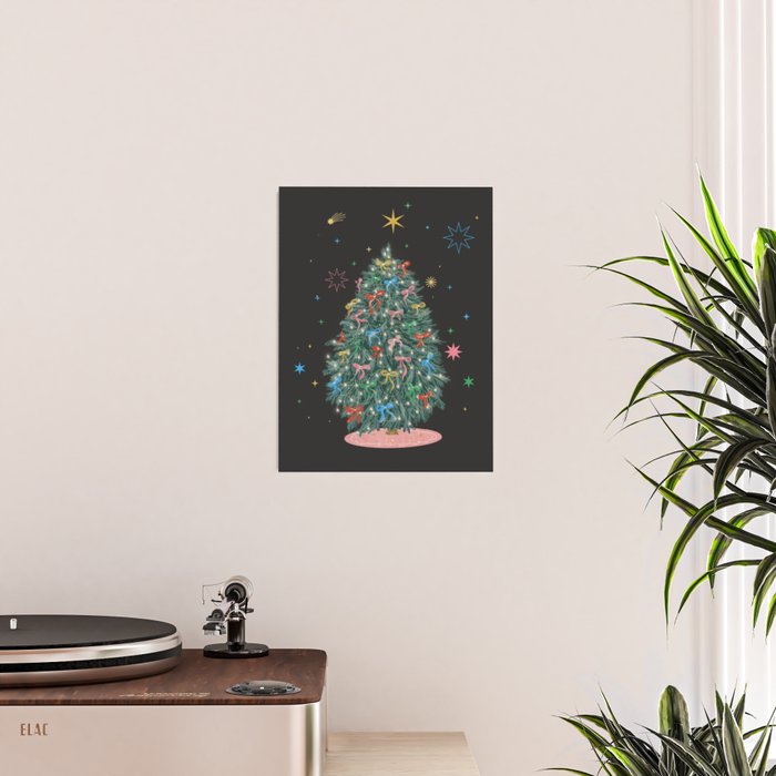 Colorful Christmas Tree with Bows and Stars on Black Background Poster Gallery Image 2