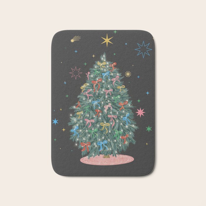 Colorful Christmas Tree with Bows and Stars on Black Background Bath Mat Gallery Image 1