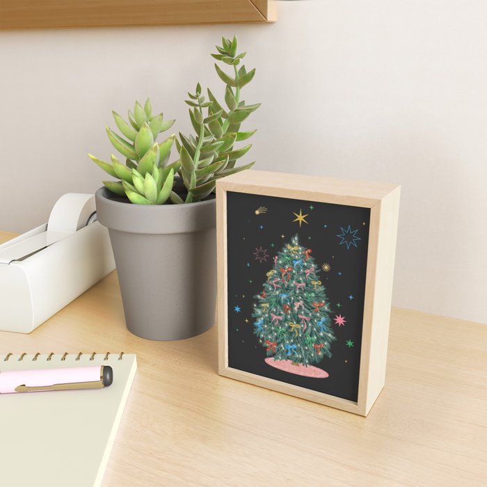 Colorful Christmas Tree with Bows and Stars on Black Background Mini Art Print Gallery Image 2