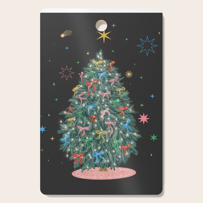 Colorful Christmas Tree with Bows and Stars on Black Background Cutting Board Gallery Image 1
