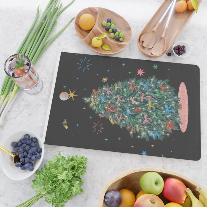 Colorful Christmas Tree with Bows and Stars on Black Background Cutting Board Gallery Image 2