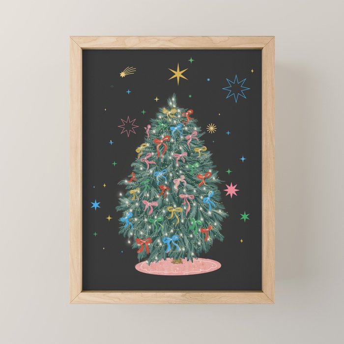 Colorful Christmas Tree with Bows and Stars on Black Background Mini Art Print Gallery Image 1