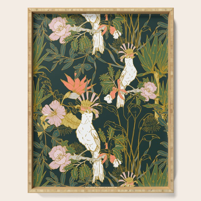 Drawing of exotic birds in the dark jungle Serving Tray Gallery Image 1