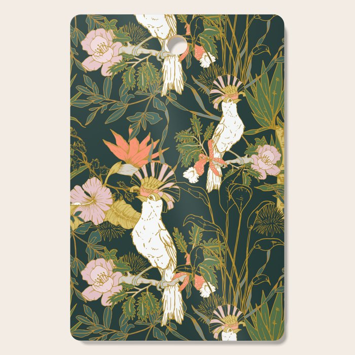Drawing of exotic birds in the dark jungle Cutting Board Gallery Image 1