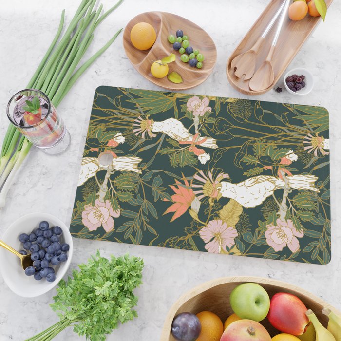 Drawing of exotic birds in the dark jungle Cutting Board Gallery Image 2