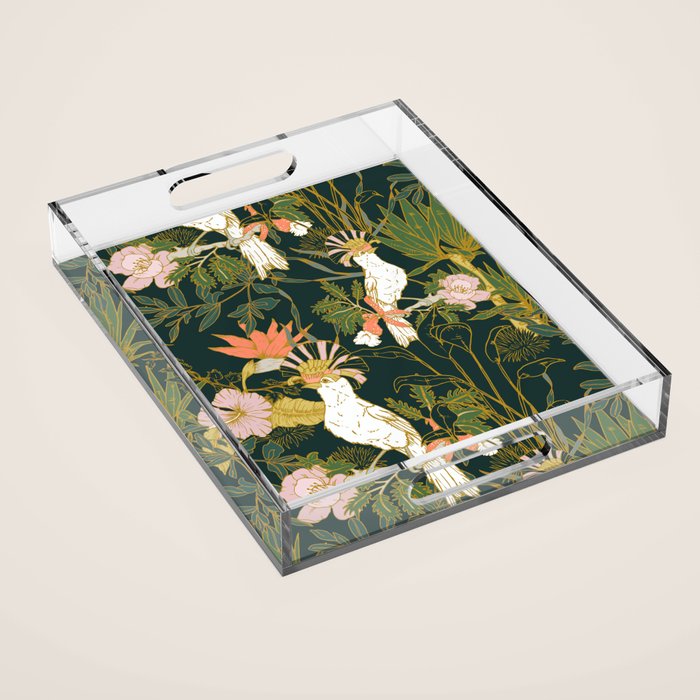 Drawing of exotic birds in the dark jungle Acrylic Tray Gallery Image 1