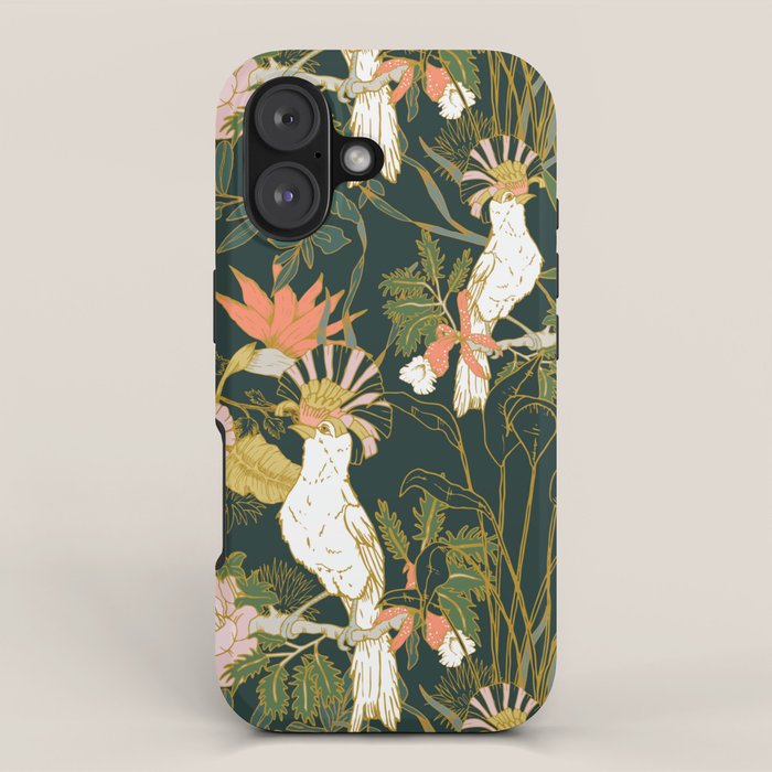 Drawing of exotic birds in the dark jungle iPhone Case Gallery Image 1