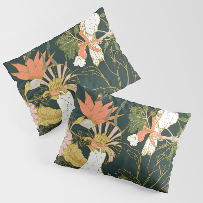 Drawing of exotic birds in the dark jungle Pillow Sham Gallery Image 1