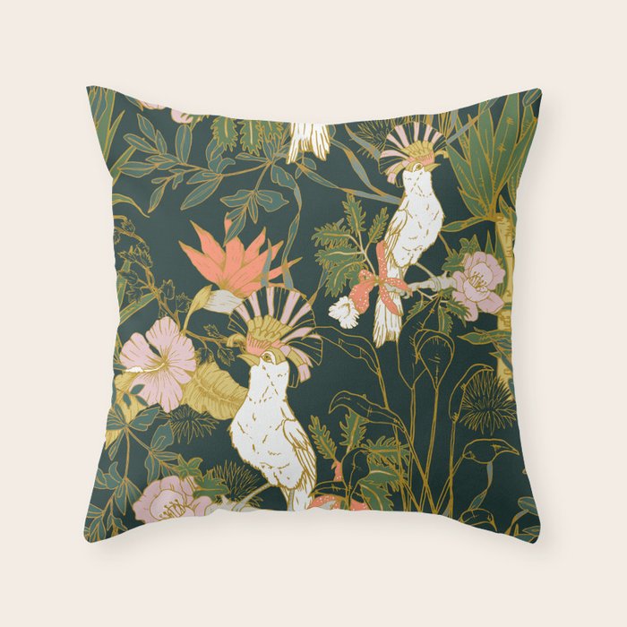 Drawing of exotic birds in the dark jungle Throw Pillow Gallery Image 6