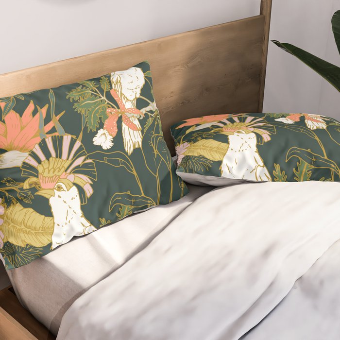 Drawing of exotic birds in the dark jungle Pillow Sham Gallery Image 2