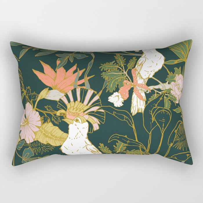 Drawing of exotic birds in the dark jungle Rectangular Pillow Gallery Image 2