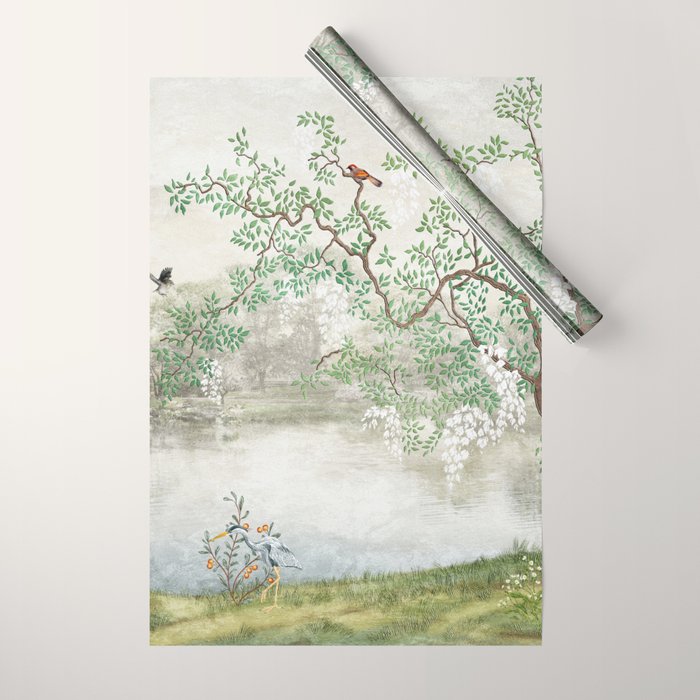 Chinoiserie Cherry Blossom Pagoda Zen Garden Landscape Wrapping Paper Gallery Image 1