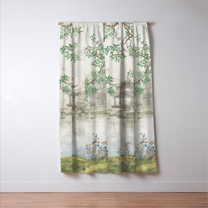 Chinoiserie Cherry Blossom Pagoda Zen Garden Landscape Window Curtain Gallery Image 3
