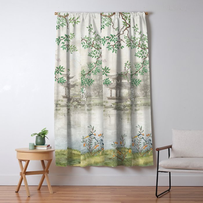 Chinoiserie Cherry Blossom Pagoda Zen Garden Landscape Window Curtain Gallery Image 1