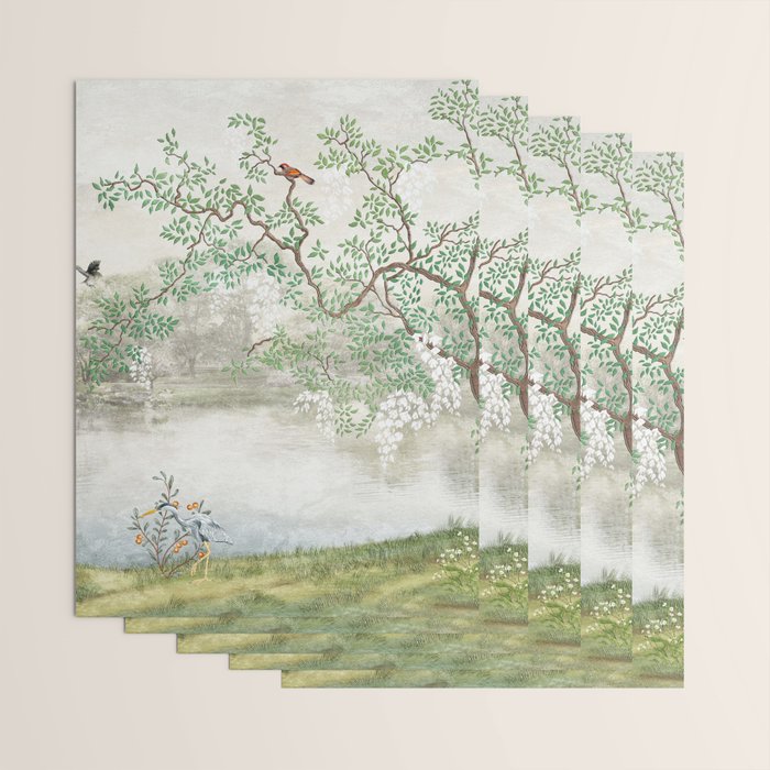 Chinoiserie Cherry Blossom Pagoda Zen Garden Landscape Wrapping Paper Gallery Image 3