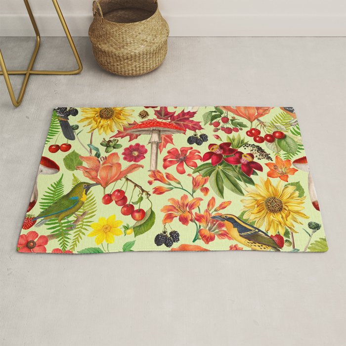 Autumns Delight Botanical Pattern With Birds On Green Rug Gallery Image 1