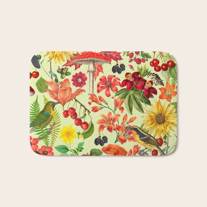 Autumns Delight Botanical Pattern With Birds On Green Bath Mat Gallery Image 1