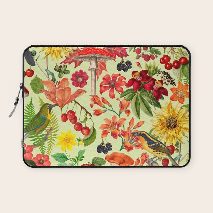 Autumns Delight Botanical Pattern With Birds On Green Laptop Sleeve Gallery Image 1