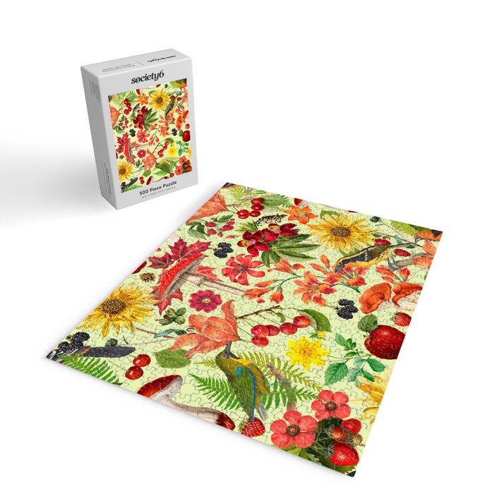 Autumns Delight Botanical Pattern With Birds On Green Jigsaw Puzzle Gallery Image 2