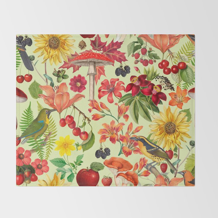 Autumns Delight Botanical Pattern With Birds On Green Throw Blanket Gallery Image 2