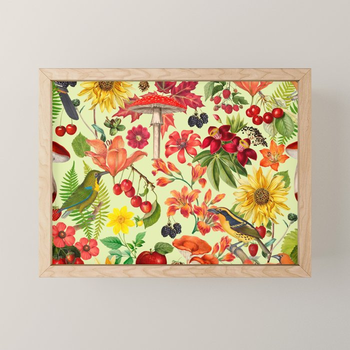 Autumns Delight Botanical Pattern With Birds On Green Mini Art Print Gallery Image 1