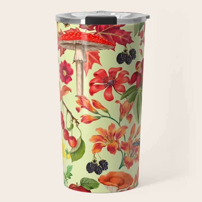 Autumns Delight Botanical Pattern With Birds On Green Travel Mug Gallery Image 1