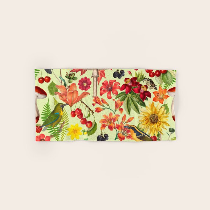 Autumns Delight Botanical Pattern With Birds On Green Bath Towel Gallery Image 1