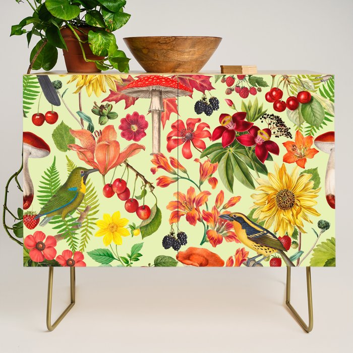 Autumns Delight Botanical Pattern With Birds On Green Credenza Gallery Image 1