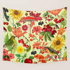 Autumns Delight Botanical Pattern With Birds On Green Wall Tapestry Gallery Image 4