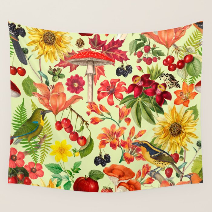 Autumns Delight Botanical Pattern With Birds On Green Wall Tapestry Gallery Image 4