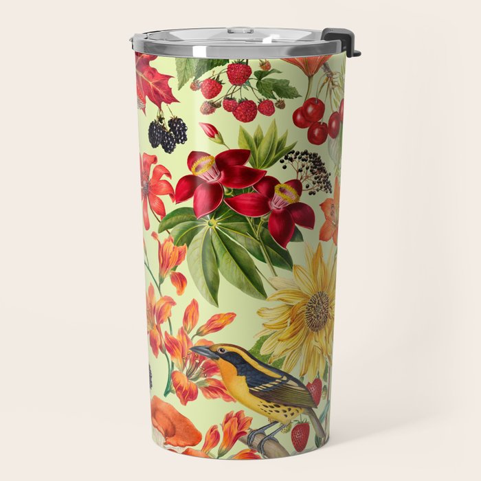 Autumns Delight Botanical Pattern With Birds On Green Travel Mug Gallery Image 2