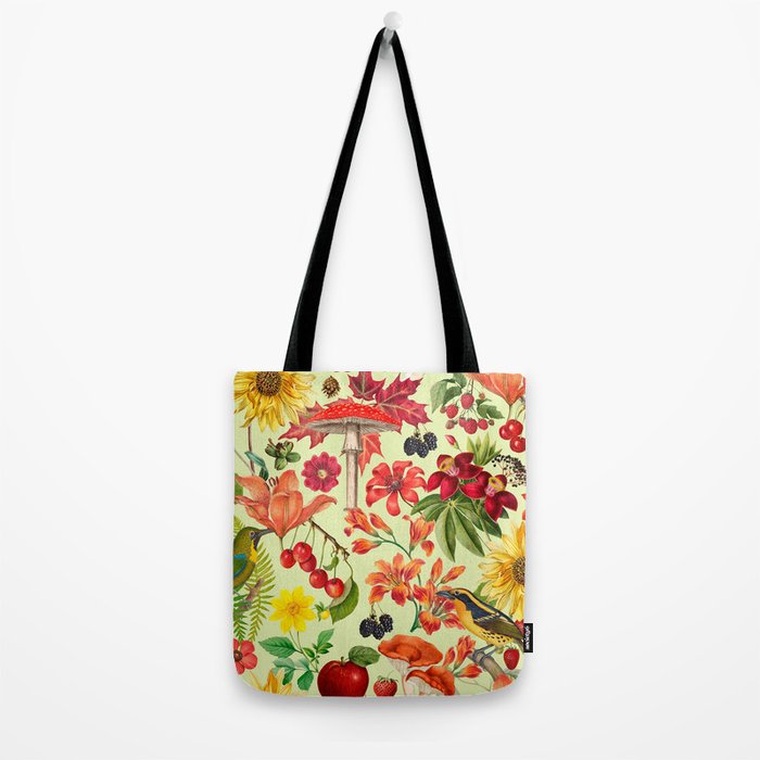 Autumns Delight Botanical Pattern With Birds On Green Tote Bag Gallery Image 2