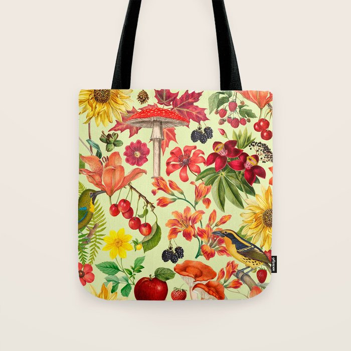 Autumns Delight Botanical Pattern With Birds On Green Tote Bag Gallery Image 1