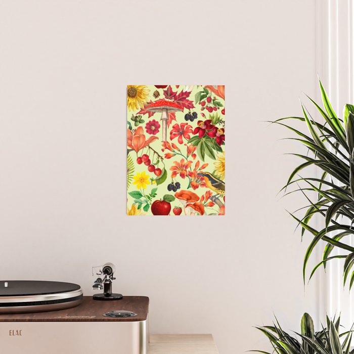 Autumns Delight Botanical Pattern With Birds On Green Poster Gallery Image 2