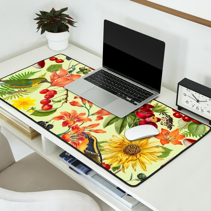 Autumns Delight Botanical Pattern With Birds On Green Desk Mat Gallery Image 2