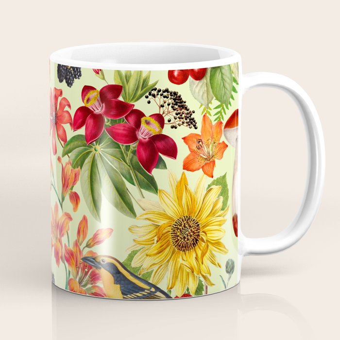 Autumns Delight Botanical Pattern With Birds On Green Coffee Mug Gallery Image 1