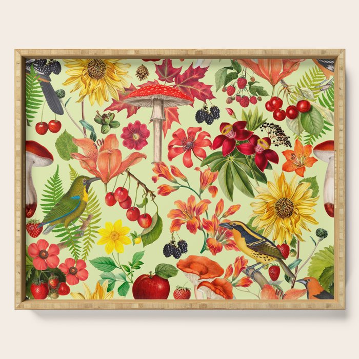 Autumns Delight Botanical Pattern With Birds On Green Serving Tray Gallery Image 1