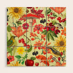 Autumns Delight Botanical Pattern With Birds On Green Wood Wall Art Gallery Image 1