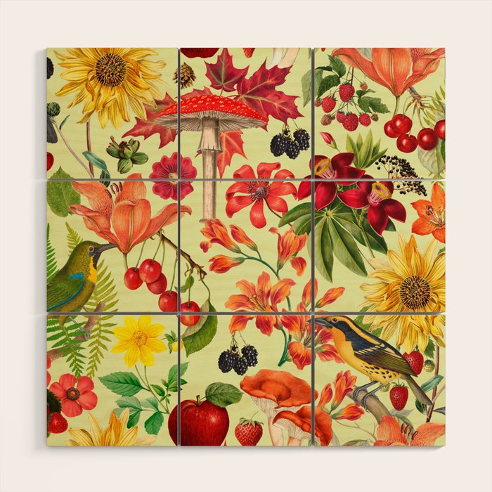 Autumns Delight Botanical Pattern With Birds On Green Wood Wall Art Gallery Image 1