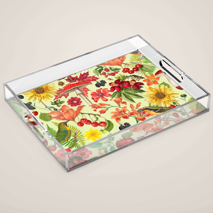 Autumns Delight Botanical Pattern With Birds On Green Acrylic Tray Gallery Image 1