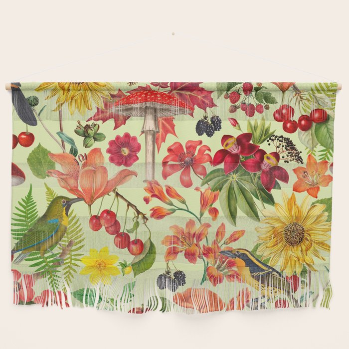 Autumns Delight Botanical Pattern With Birds On Green Wall Hanging Gallery Image 1