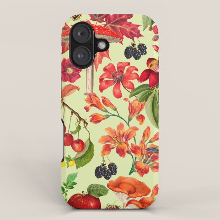 Autumns Delight Botanical Pattern With Birds On Green iPhone Case Gallery Image 1