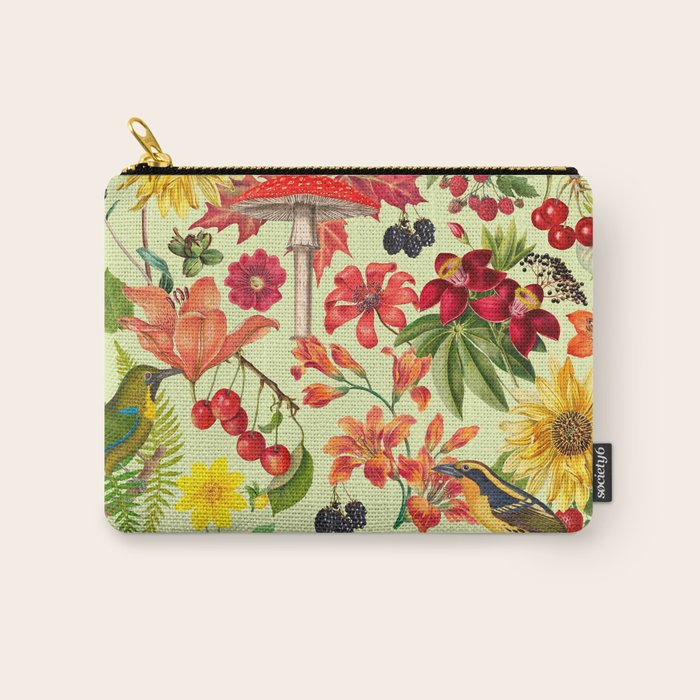 Autumns Delight Botanical Pattern With Birds On Green Carry All Pouch Gallery Image 1
