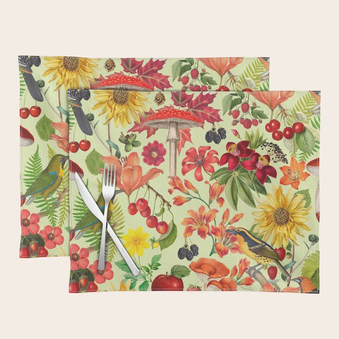 Autumns Delight Botanical Pattern With Birds On Green Placemat Gallery Image 1