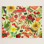 Autumns Delight Botanical Pattern With Birds On Green Jigsaw Puzzle Gallery Image 1